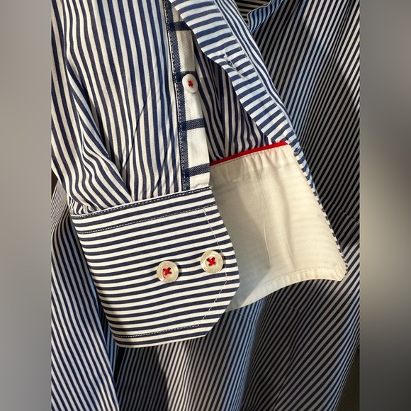 ALEX CANNON Blue White Stripe LG Button Down Contrast Cuffs Elbow Patches Cotton - Picture 6 of 16